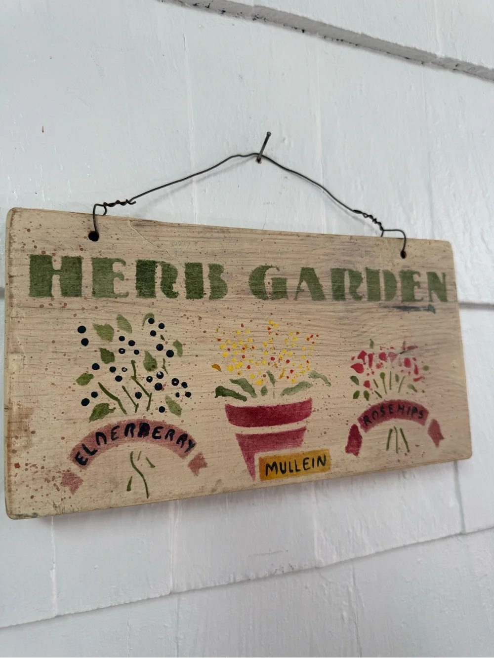 Wooden herb garden sign wire hang elderberry, mullein and rose hips handmade